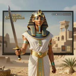Egyptian Pharaoh Cleopatra, holding a sword, loading screen artwork for the game 'Europa Universalis IV'