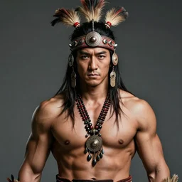 half - body portrait, chinese tribal headwear, muscled man, takeshi kaneshiro as a brave tribal warrior, detailed, concept art by artem priakhin