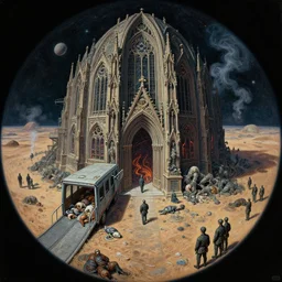 fish eye view of detailed portrait, intricate complexity, huge gothic crematorium on desert planet, elevator, side ramp entrance vehicle, dead bodies, guards intricate, painting by lucian freud and mark brooks, bruce pennington, dark colors, neon, death, guards, nice style smoke