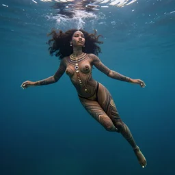 underwater photography full body portrait of beautiful nubian ancestral tribal tattooed young hunter pincess, swimming underwater low angle realistic 4 k high quality photography by terry o'neill intricate, elegant, highly detailed, digital painting, artstation, concept art, smooth, sharp focus, illustration, art by artgerm and greg rutkowski and alphonse mucha, 8 k