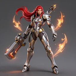 poster!! ( overwatch ) beautiful new female character for overwatch, character concept art, action pose, full body armor, steel plating, huge weapon, super powers, athletic, long red hair, symmetry, intricate design, shiny, highly detailed, hd, dramatic lighting, art by artgerm and greg rutkowski