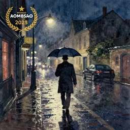 a flat watercolor painting night watchman walking on a rainy night
