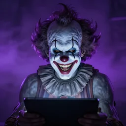 Evil clown Big smiling mouth, black round nose, spiky hair, worn striped tank top emerging from a digital tablet. Very textured, hyper detailed, fog ambience cinematic, purple light, dark