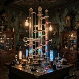 a vast and creepy mad occult alchemist's lab test tubepetri dish interconnected glass tubes backlit by edison bulbs, leds, and nixie tubes, walls lined with apothecary cabinets, curiosities and retired sideshow attractions