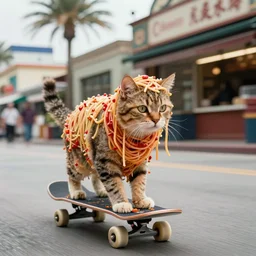film still of a a cat covered in spaghetti riding a skateboard in compton ca, 8 k