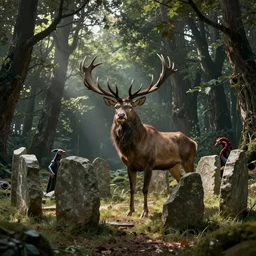 antlered cernunnos in a forest clearing with a stone circle by guillermo del toro, brian froud, and h. r. giger