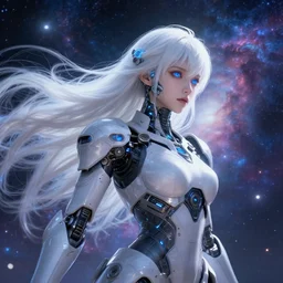 photo of a android girl on a mothership, warframe armor, beautiful face, scifi, nebula, futuristic background, galaxy raytracing, masterpiece, ethereal, beauty, long white hair, blue cyborg eyes, cosmic wind, flow, 8 k high definition, insanely detailed, intricate, innocent, art by akihiko yoshida, antilous chao, woo kim