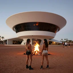 portrait of two ravers photographed from behind, talking around a fire, photorealistic, dancefloor kismet, diverse costumes, clean composition, desert transition area, bonfire, night, australian desert, zaha hadid, xf iq 4, symmetry, sony a 7 r, 1 5 0 mp, 5 0 mm