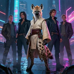 beautiful full-body portrait commission of a (female furry anthro!!! spotted hyena fursona) (wearing jedi robes) (in a cyberpunk city at night in the rain). Neon light. Atmospheric. Renowned character illustration by greg rutkowski, thomas kindkade, alphonse mucha, loish, norman rockwell.