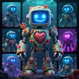 official character sheets for an underwater old dumbo squid biomech robot, digital 2 d screen smiley robot face, mechanical heart in center, covered in coral and barnacles, art by tim schafer black velvetopia art for psychonauts from double fine studios, art by splatoon from nintendo, black light rave, adult character, apocalypse