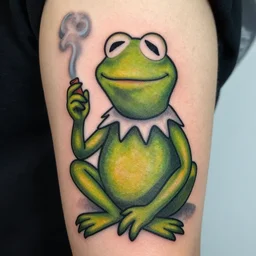 old european gothic style tattoo of kermit the frog smoking a blunt