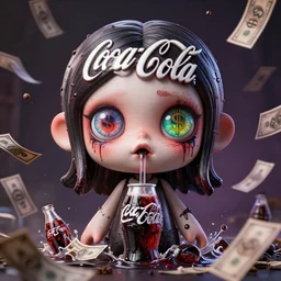 3 d render of the coke logo personified as a soda themed girl, large creepy eyes, extremely detailed and colorful eyes, soda themed girl, hyper detailed money sign pupils, tim burton, junji ito, her forehead has the coke logo carved into it, dollar sign pupils, extremely uncomfortable, money everywhere, cash falling, coke flood, blender 3 d, unreal engine