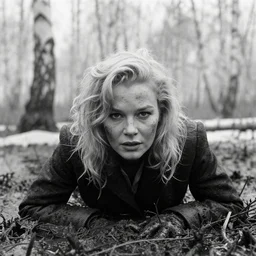 1 9 6 0 s movie still close - up portrait of a dirty blonde 4 0 s woman crawling in a swamp with birch forest, snow, cinestill 8 0 0 t 3 5 mm b & w, heavy grain, high quality, high detail, mud, fog, by tarkovsky