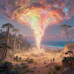 highly detailed holographic iridescent glowing ethereal sci fi world with forests, deserts, oceans, at dusk, by gilbert williams, by simon stalenhag, by beeple, by bruce pennington, by moebius, octane render, with many different pastel shades of red gold pink orange yellow green, beautiful volumetric lighting, prismatic tornado