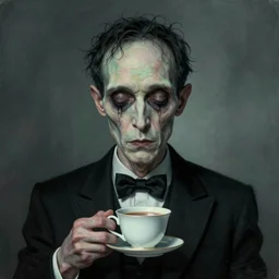j scott campbell portrait of unseen lovecraftian horror having his / her cup of tea, defined neck and face, art by joaquim phoenix in the year 3 0 0 0