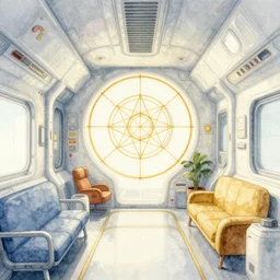 a beautiful illustration of futuristic interior hall of spaceship, lots of furniture, air vent, decals, big medium small, sacred geometry, golden ratio, in watercolor gouache detailed paintings, in style of syd mead, trending on artstation, 8 k, panel, hard surface, vent, zaha hadid, props, plant, cozy, decoration around the room, simon stalenhag, deus ex