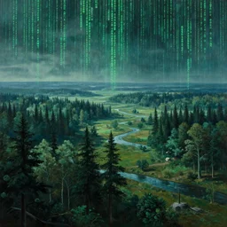 a beautiful painting of a vast serene landscape with trees and rivers in the matrix, matrix code, detailed, deep focus, movie still, dramatic lighting, ray tracing, by michal karcz and ryoji ikeda