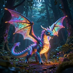 brightly lit dragon with neon wings in a dim dark forest colorful 4 k path traced high definition detailed artstation realistic trending dramatic lighting dark and light contrast