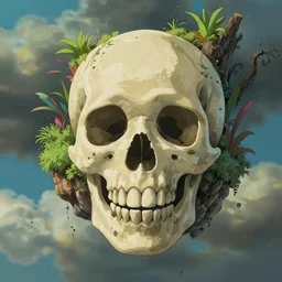 An island floating in the air, skull-shaped, full of vegetation, rocks, highly detailed, animated, lovely, fantastic, with strong light and shadow atmosphere, painted by Ghibli Company
