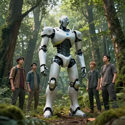 A robot statue in the middle of a forest taken back by nature by Greg Rutkowski, Sung Choi, Mitchell Mohrhauser, Maciej Kuciara, Johnson Ting, Maxim Verehin, Peter Konig, final fantasy , 8k photorealistic, cinematic lighting, HD, high details, atmospheric,