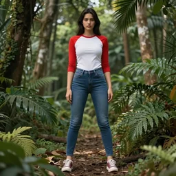 nagatoro using white and red tight raglan sleeves, tight blue jeans and cool shoes in a tropical forest, artstation, ray tracing, soft shade