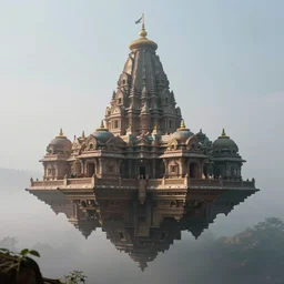 futuristic floating sci fi cult temple made out of hindu temple like promotheus, foggy sky, around photorealism, unreal engine, 8 k, volumetric lighting,