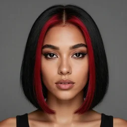 portrait of a bob black and red dyed hair girl with light brown skin, very black eyes, eyeliner, trending on artlist, hd, 4 k,, symmetric