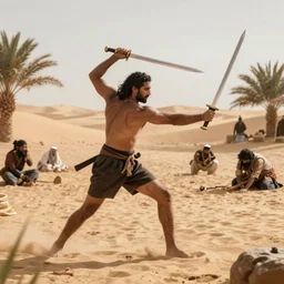 best swordsman wearing shorts and killing enemies effortlessly in a desert oasis