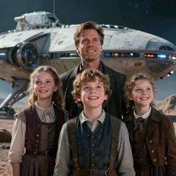 extremely sharply detailed, from blockbuster 9 6 k sci fi color movie freeze frame, set in 1 8 6 0, family standing in front of a crashed spaceship, on alien planet, looking happy, wearing 1 8 5 0 s era clothes, atmospheric lighting, in focus, reflective eyes, - 9 9 mm macro lens, live, nice composition, good photography, clear facial details