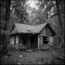 clown horror abandoned cabin in the woods, black and white documentary footage