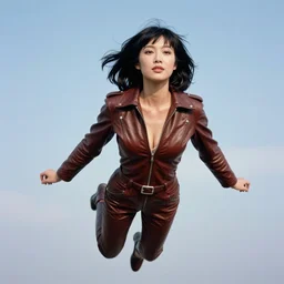 ektachrome, telephoto, highly detailed : incredibly realistic, youthful asian demure floating in the sky, exquisite features, feminine cut, photo 1 9 7 0 s frontiers in flight leather suit cosplay fashion, boris vallejo, terry richardson