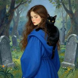 a young beautiful wizard with long brown hair and a black cat over her shoulders. blue robes. by greg rutkowski and alphonse mucha, surrounded by graveyards