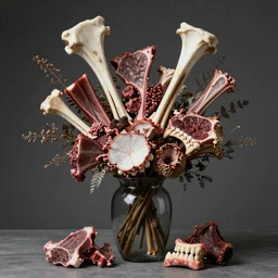 Professional arrangement of human flesh, bones, teeth, and rotten meat in a flower vase