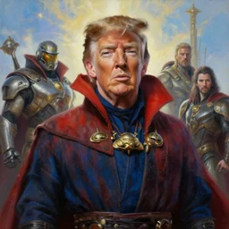 portrait oil painting, perfect expression, subconscious connects, purified consciousness, emperier god king donald j trump, doctor strange, fantasy character portrait, ultra realistic, wide angle, intricate details, mass effect, artifacts, luminous skies, highly detailed, michael cheval, peter mohrbacher, boris vallejo, jessica rossier, oil painting, highly detailed, cinematic lighting, unreal, natural tpose