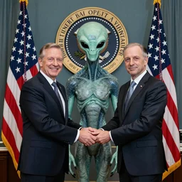 Official portrait of the President of the United States making an agreement with a sinister alien
