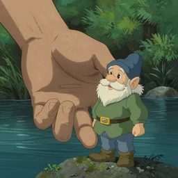 hyperrealist studio ghibli dull colors from close encounters of the third kind 1 9 7 7 of giant hand and a river gnome.
