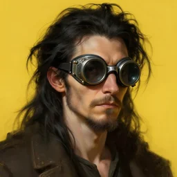 an inventor, goggles, thin beard, messy black hair, d & d, yellow background, fantasy, intricate, cinematic lighting, highly detailed, digital painting, artstation, concept art, smooth, sharp focus, illustration, art by artgerm and greg rutkowski and alphonse mucha