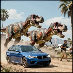 jurassic park : : movie still : : blue bmw m 5 wagon : : chased by t - rex : : f 8 aperture, cinematic eastman 5 3 8 4 film