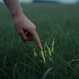 a finger points at a blade of grass in a meadow, photo, filmic, atmospheric, portentous, meaningful, unsettling, brooding, roger deakins