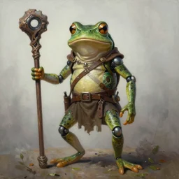anthropomorphic bipedal frog that is dressed as a medieval worker, and holding a gnarled wooden club, as a matte oil painting, d & d character reveal, by alex grey, standing, fullbody, tattoos, cybernetics, fog, mystic, bright, concept art, award - winning, extremely detailed, sharp focus