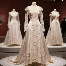 the film still photographed image is a haute couture bridal ensemble from the 1 9 1 0 s. the delicate, neutral - toned lace and sumptuous fabric is reminiscent of a cozy christmas morning, and the ensemble is displayed on a mannequin in the exhibit. vibrant cinematography, anamorphic lenses, upscale, hyper realistic photo, crisp, detailed image in 8 k resolution.