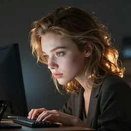 photo, woman with enormously huge head working on pc, volumetric lighting