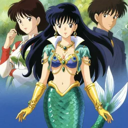 painted portrait of an anime mermaid with a fish body, wearing a peacock crop top jacket, golden gloves, and golden jewelry and gems, art by yuji ikehata and satoshi kon, background art by miyazaki, proper human proportions, vhs