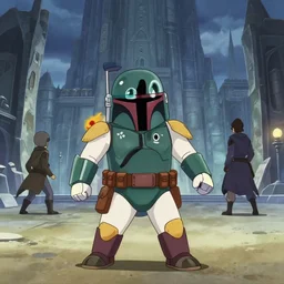 anime frames, anime visual, full body portrait of boba fett in theed naboo city square looking at the theed palace in the distance, cute face by ilya kuvshinov, masakazu katsura, dynamic pose, dynamic perspective, rounded eyes, moody, kyoani, yoh yoshinari