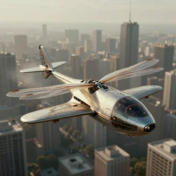 immaculate wide shot ambient occlusion of a dragonfly inspired retrofuturistic concept hovercraft vehicle, muted cityscape backdrop, cycles render, turbosquid, wide, metropolis filmic