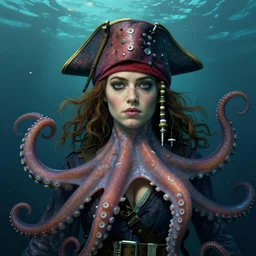 underwater pirate portrait of emma stone, octopus, hyper detailed, digital art, trending in artstation, cinematic lighting, studio quality, smooth render, unreal engine 5 rendered, octane rendered, art style by klimt and nixeu and ian sprigger and wlop and krenz cushart.