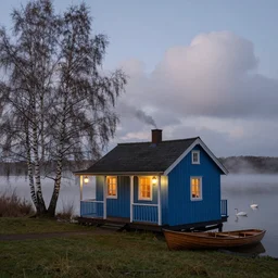 small blue wooden cottage by the lake, lanterns on the porch, smoke coming out of the chimney, dusk, birch trees, tranquility, misty, swans on the lake, a wooden rowing boat, cumulus clouds, by charlie bowater, by greg rutkowski