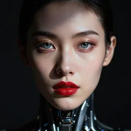 hyperrealistic pose of an stunning cyborg, ultra high face symmetry, masterpiece, award - winning, shining eyes and red lips, by christian rex van minnen rachel ruysch dali todd schorr beth cavener, chiaroscuro cast shadows obscuring features dramatic lighting perfect composition