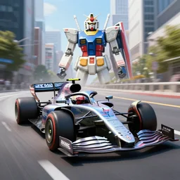 alpine renault formula 1 car in the style of gundam, racing through tokyo streets