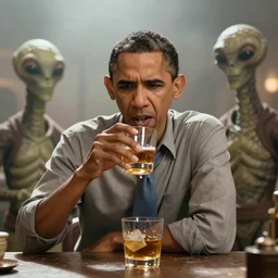 A long-shot, color cinema film still of a Obama drinking alcohol in the Mos Eisley's Tavern, very angry, Two aliens around, misty, studio lighting; from Star Wars(1977)
